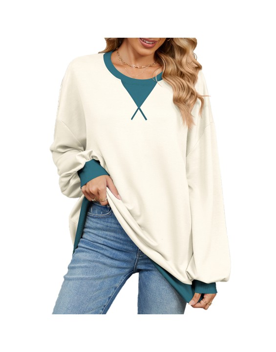 Autumn and winter contrasting round neck loose long sleeved sweatshirt jacket for women