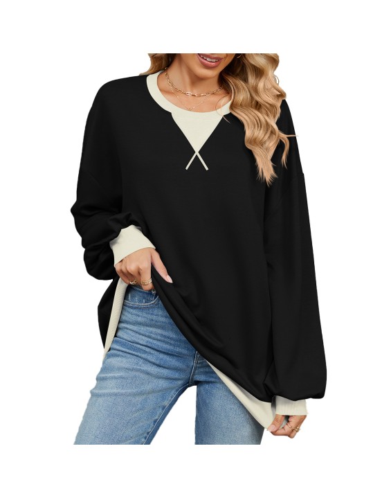 Autumn and winter contrasting round neck loose long sleeved sweatshirt jacket for women