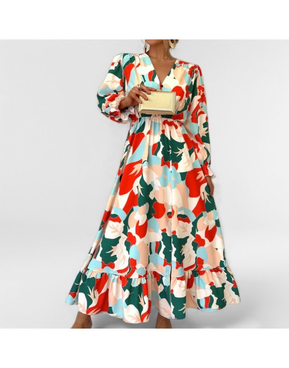 Women's new fall printing long-sleeved waisted temperament elegant V-neck dresses