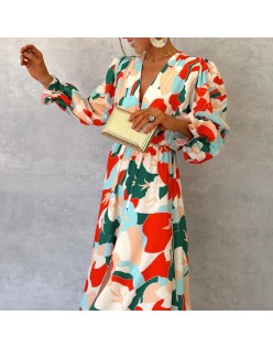 Women's new fall printing long-sleeved waisted temperament elegant V-neck dresses