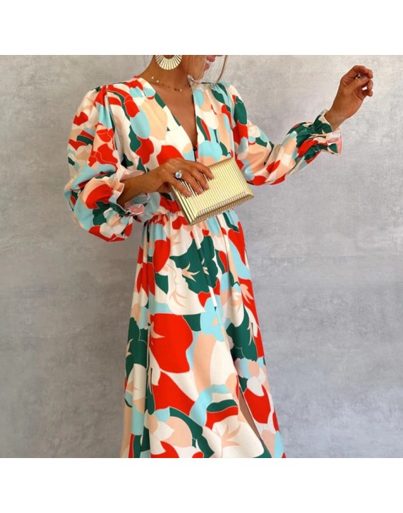 Women's new fall printing long-sleeved waisted temperament elegant V-neck dresses