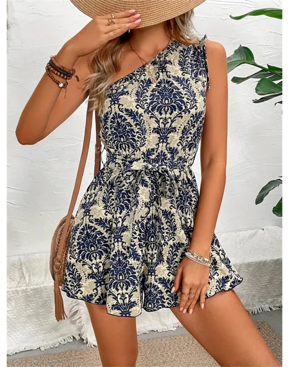 Women's Printed Slant Shoulder Drawstring Sleeveless One Shoulder Short Dress Pants Summer Women Jumpsuit Women Pants Shorts Women