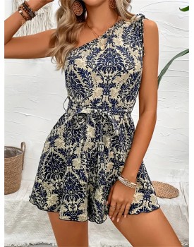 Women's Printed Slant Shoulder Drawstring Sleeveless One Shoulder Short Dress Pants Summer Women Jumpsuit Women Pants Shorts Women