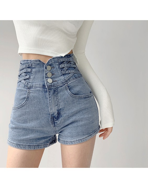 Spice Girl Small Waist Cross Weave High Waisted Tummy Trimming Denim Shorts Women Hundred Lift Hip Loose Wide Leg Hot Pants