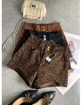 Double-button fashionable fashionable leopard print spicy girl denim shorts female fall new Slim stretch versatile hot pants