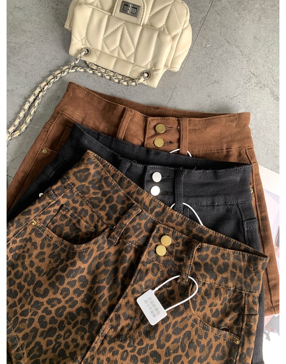Double-button fashionable fashionable leopard print spicy girl denim shorts female fall new Slim stretch versatile hot pants