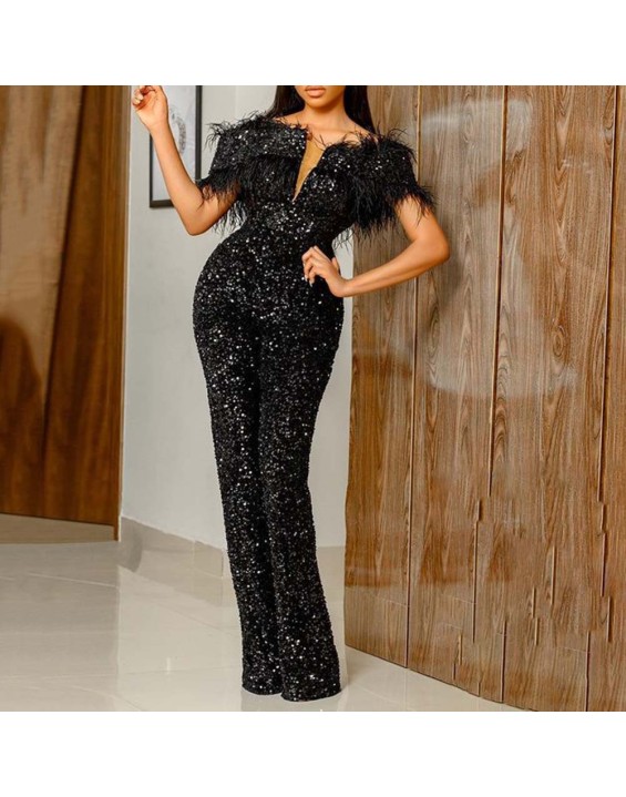 New spring and summer women's jumpsuit V-neck feather sequins Slim waist dress