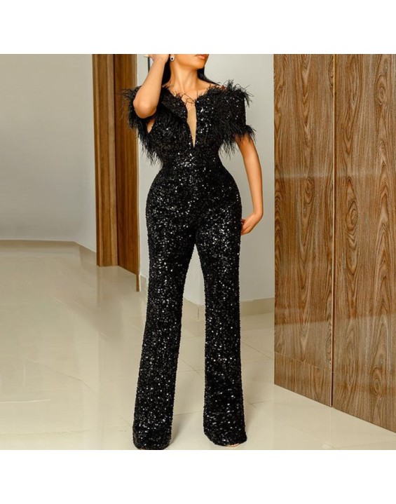 New spring and summer women's jumpsuit V-neck feather sequins Slim waist dress