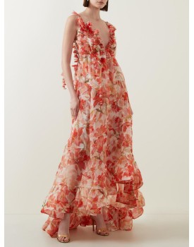 New spring and summer strapless V-neck women's halter print fairy long temperament evening dresses
