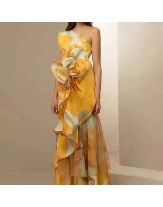 Summer New French Retro High Jik Temperament Waisted Casual Printed Diagonal Shoulder Dresses