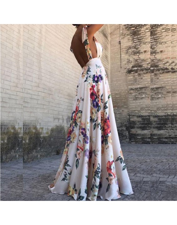 Women's 2024 new spring and summer leaky back printed large swing sleeveless halter dresses