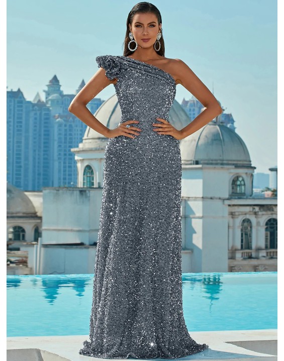 2024 New Sequins Slant Shoulder Backless Sleeveless Long Prom Sequins Silver Swing Dresses Evening Gowns