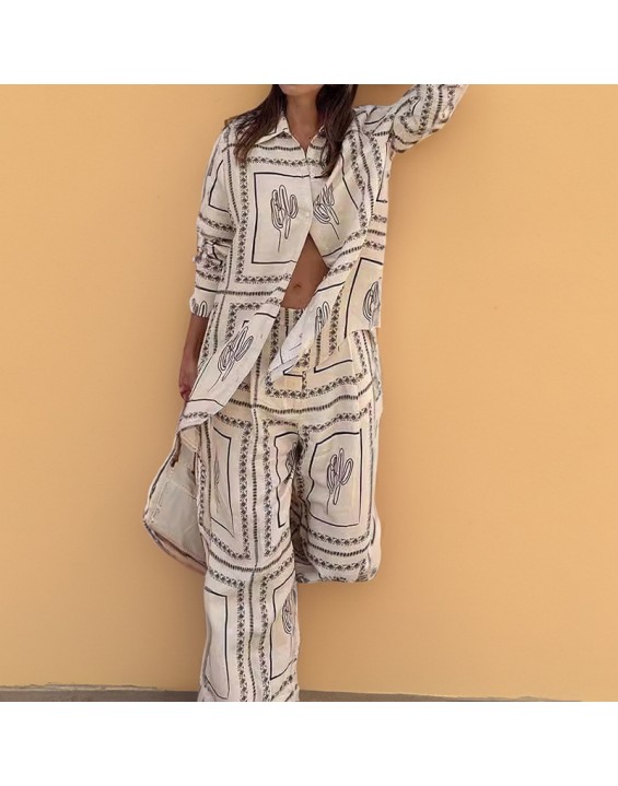 Fall new women's independent station printed shirt top elegant wide leg pants fashion casual suit