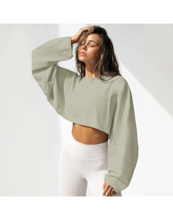 Umbilical round neck sweatshirt, European and American women's short sports base shirt, T-shirt, knitted shirt, long sleeved top