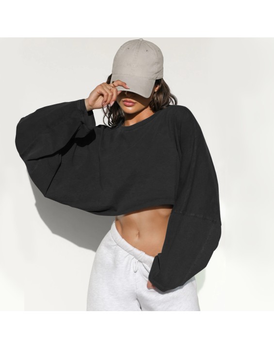 Umbilical round neck sweatshirt, European and American women's short sports base shirt, T-shirt, knitted shirt, long sleeved top