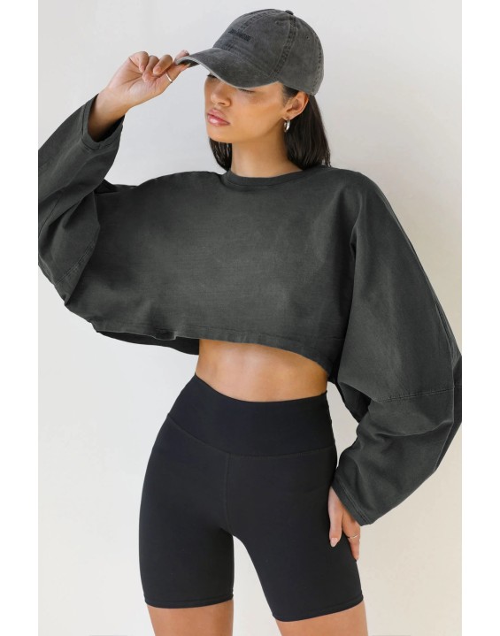 Umbilical round neck sweatshirt, European and American women's short sports base shirt, T-shirt, knitted shirt, long sleeved top