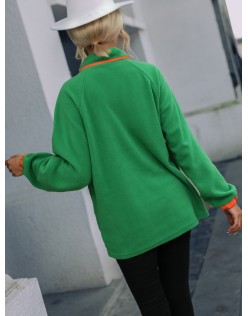 Women's medium to long loose long sleeved lapel, color blocked breasted fleece pullover, plush hoodie