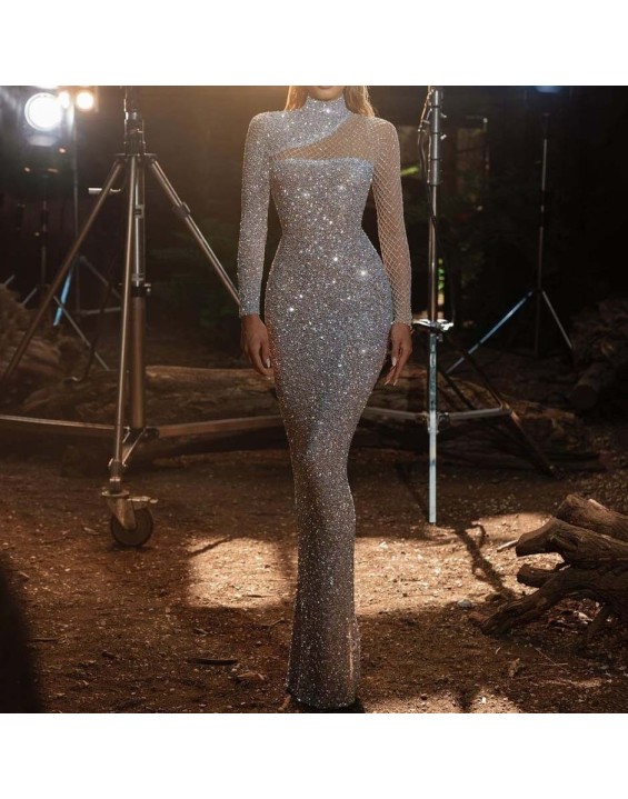 New women's independent station dress hollow strapless bustier Slim mesh sequin dresses