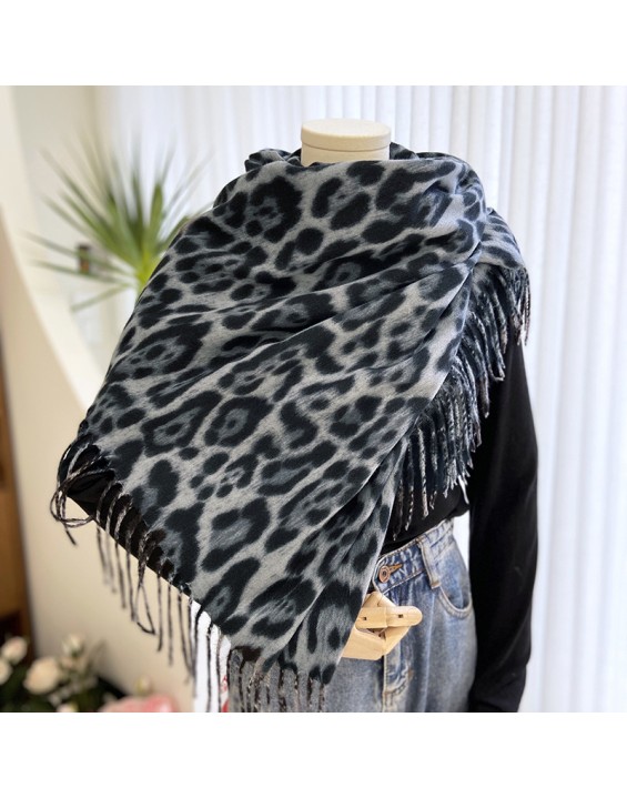 Leopard scarf women's fall and winter classic thickened faux cashmere printed tassel shawl versatile warm scarf