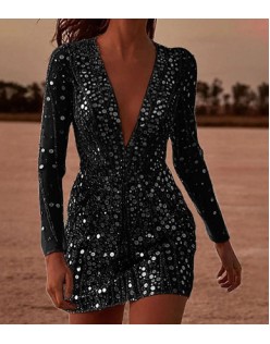 2024 Sexy Deep V See-through Sequins Package Hip Dress Long Sleeve Evening Gowns