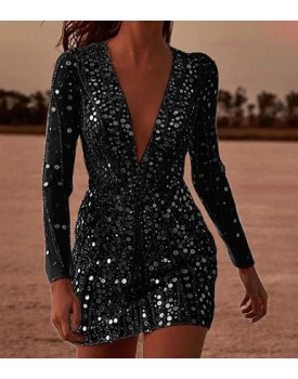 2024 Sexy Deep V See-through Sequins Package Hip Dress Long Sleeve Evening Gowns
