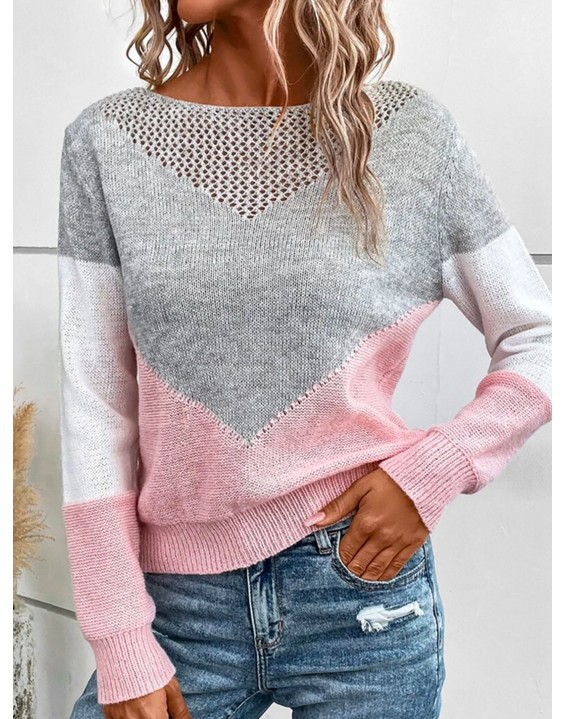 [Special Offers]Sweater autumn winter contrasting round neck pullover with hollow out slim fit long sleeved thin design