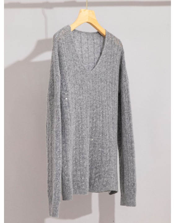 [New Product Launch] Cashmere sweater with crystal inlay for women, loose V-neck versatile base shirt, long sleeved sweater, autumn and winter coat