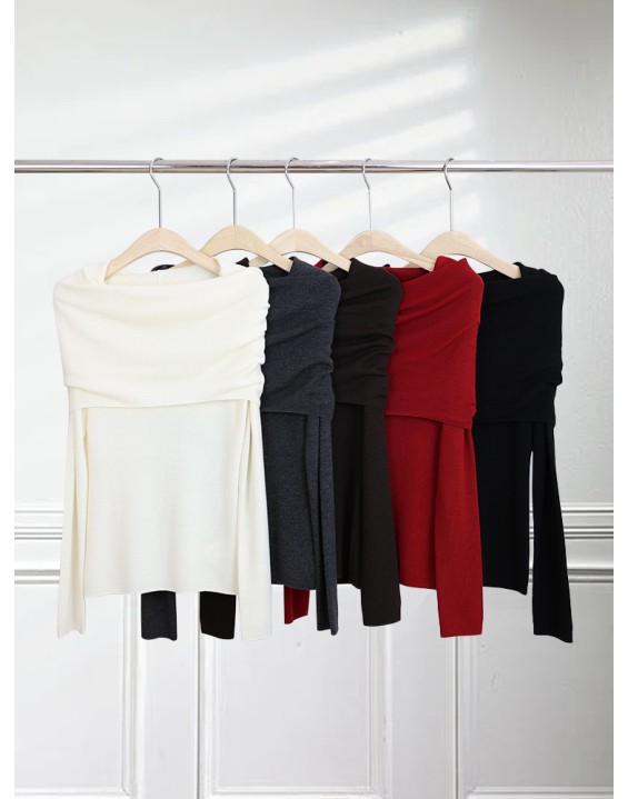 [Special Offers] Gentle style one shoulder Yangtze yarn knitted sweater for women in autumn, slim fit, high-end feeling, pleated off shoulder top