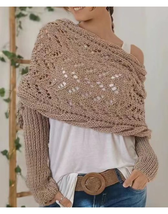 [Special Offers] Autumn and winter Meilun shawl knitted with a high-end feel, hollowed out and elongated double sleeves, draped over women's shoulders