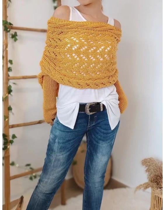 [Special Offers] Autumn and winter Meilun shawl knitted with a high-end feel, hollowed out and elongated double sleeves, draped over women's shoulders