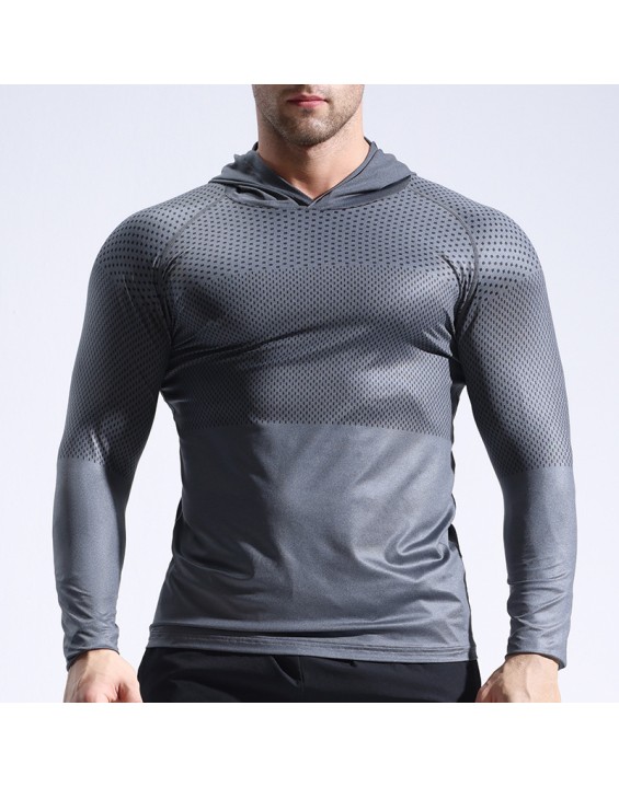 Running, bodybuilding, sweating and quick drying clothes, tight fitting long sleeved hooded fitness suit for men