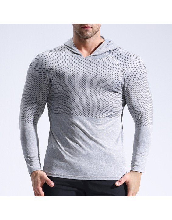 Running, bodybuilding, sweating and quick drying clothes, tight fitting long sleeved hooded fitness suit for men