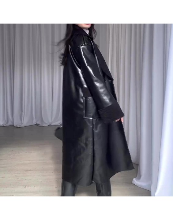 2024 new fashion retro fur stitching knee-length temperament coat woman