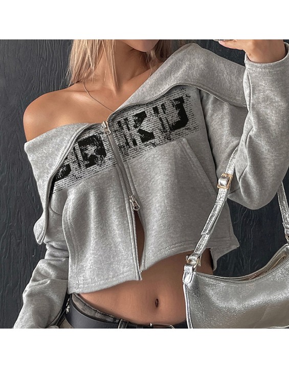 Autumn fashion women's new long-sleeved one-shoulder slim zipper cardigan printed sweater