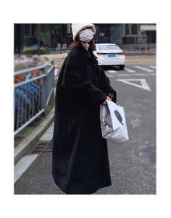 Black woolen coat jacket 2023 autumn/winter new Korean version loose knee length thickened girl's woolen coat jacket