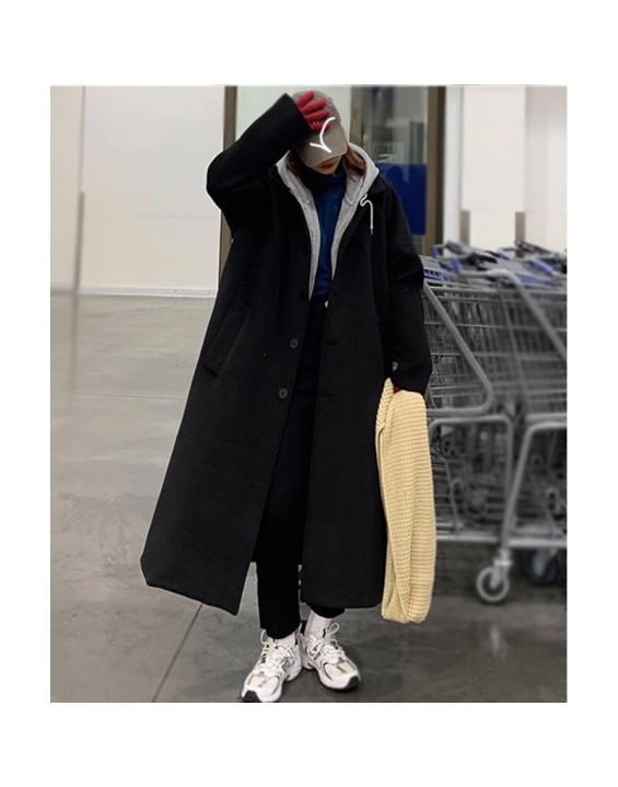 Black woolen coat jacket 2023 autumn/winter new Korean version loose knee length thickened girl's woolen coat jacket