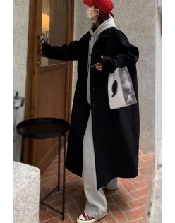 Black woolen coat jacket 2023 autumn/winter new Korean version loose knee length thickened girl's woolen coat jacket