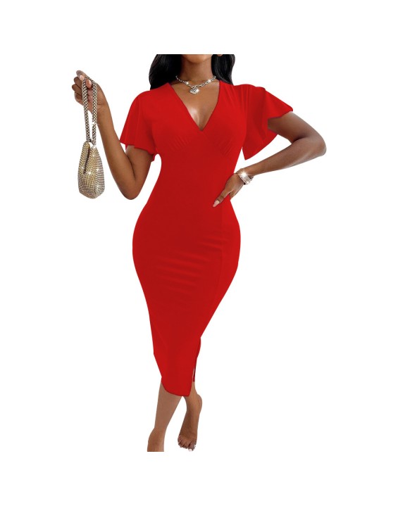 Sexy V-neck solid color slim split hip dress