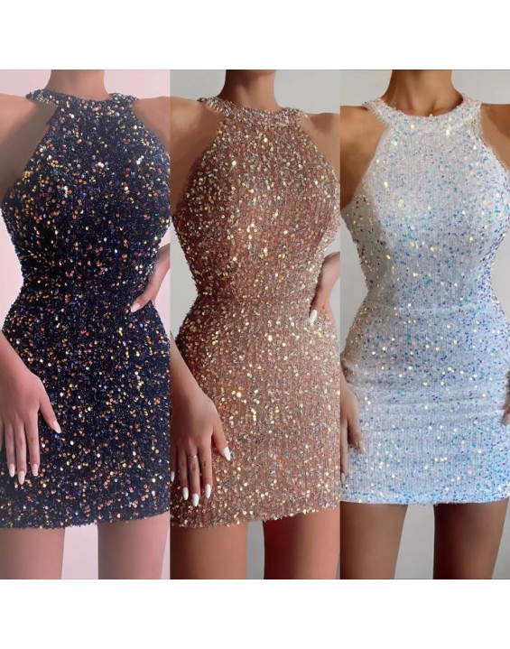 2024 New Fashion Hanging Neck Sexy Crystal Tassel Hip Sequins Dress Midi Evening Gowns