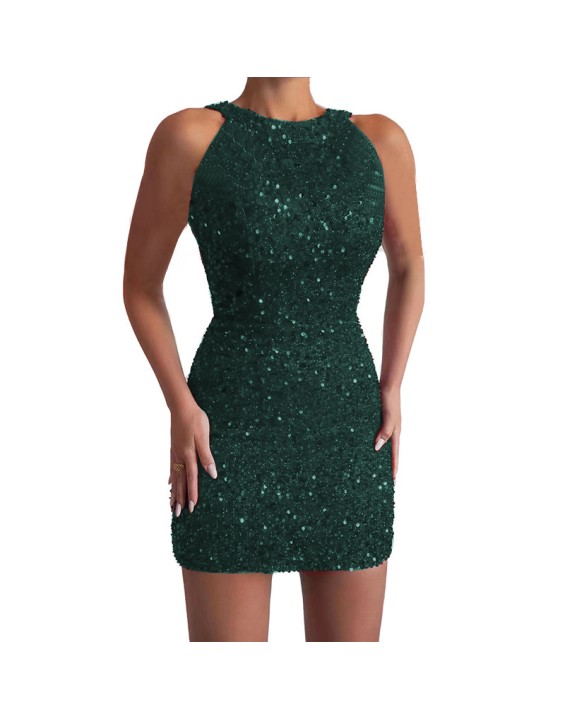 2024 New Fashion Hanging Neck Sexy Crystal Tassel Hip Sequins Dress Midi Evening Gowns