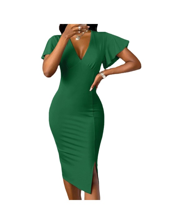 Sexy V-neck solid color slim split hip dress