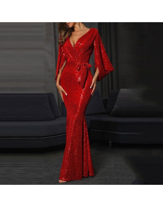 Spring/summer 2024 new dress sexy split color sequins long mop evening dress