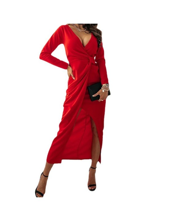 Sexy V-neck solid color long sleeve slit dress