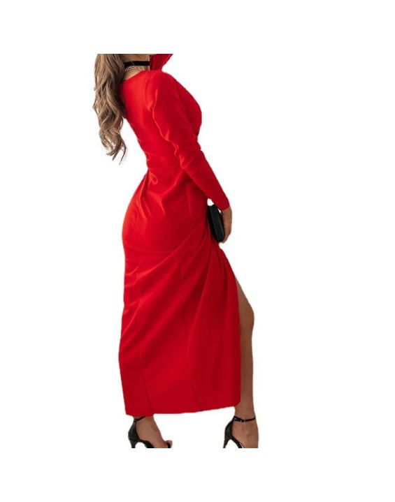 Sexy V-neck solid color long sleeve slit dress