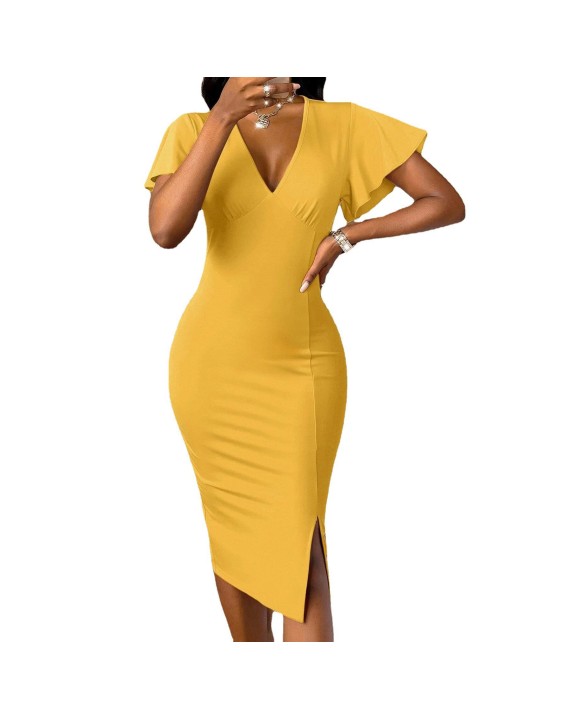 Sexy V-neck solid color slim split hip dress