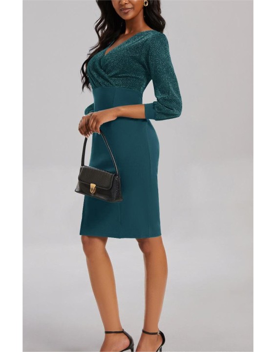 Fashion stitching V-neck high waist party hip dress