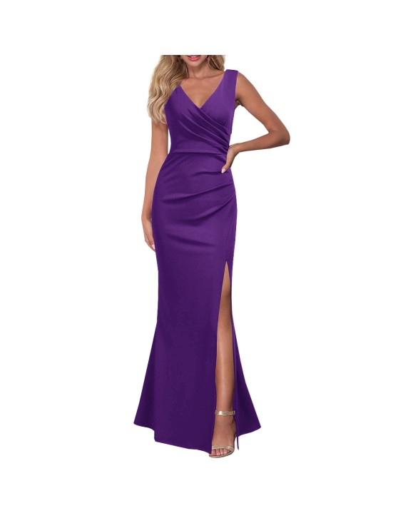 Sexy V-neck fashion solid color slim slit dress
