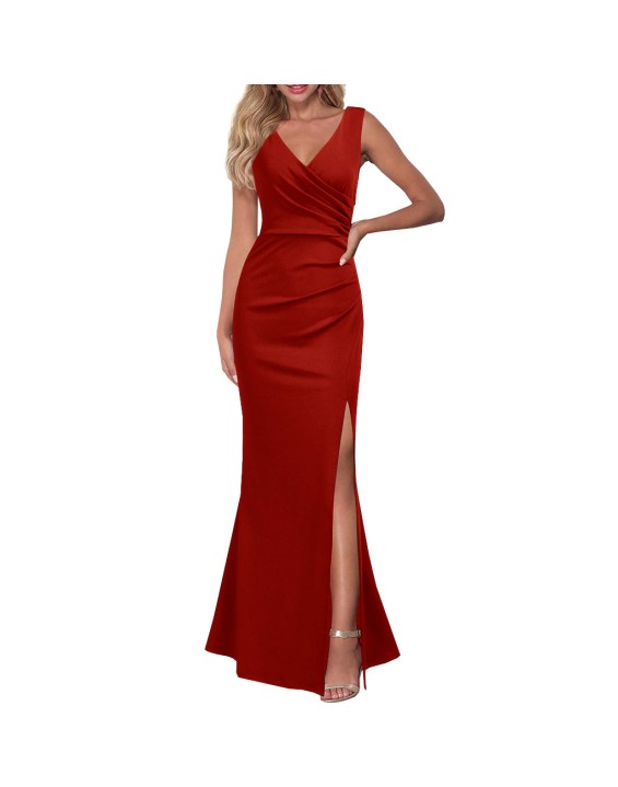 Sexy V-neck fashion solid color slim slit dress