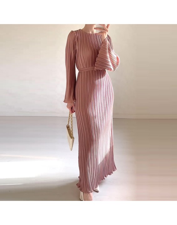 Fall New Fashion Round Neck Flared Sleeve Threaded Long Sleeve Package Hip Dress Long Dress