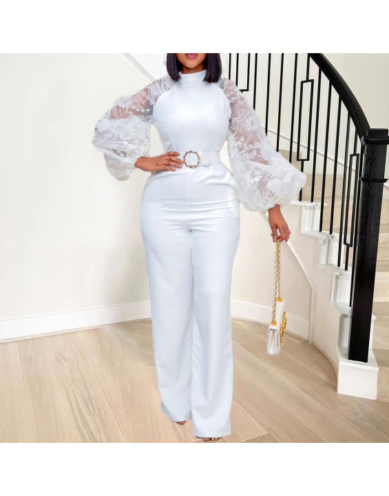Standing collar mesh lantern sleeves slim fit women's oversized African wide leg jumpsuit